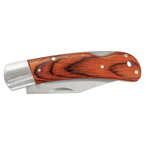 Wood Folding Knife with Leather Sheath - Laser Engraved Gift