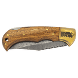 Wood Folding Knife with Damascus Blade and Leather Sheath - Laser Engraved Gift