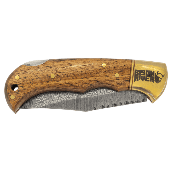 Wood Folding Knife with Damascus Blade and Leather Sheath - Laser Engraved Gift
