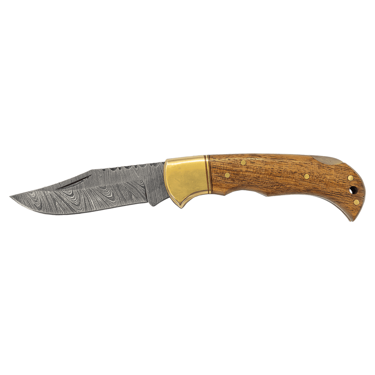 Wood Folding Knife with Damascus Blade and Leather Sheath - Laser Engraved Gift