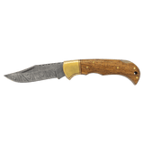 Wood Folding Knife with Damascus Blade and Leather Sheath - Laser Engraved Gift