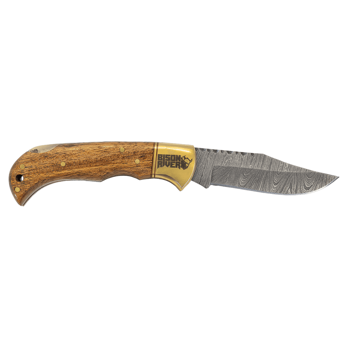 Wood Folding Knife with Damascus Blade and Leather Sheath - Laser Engraved Gift