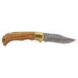 Wood Folding Knife with Damascus Blade and Leather Sheath - Laser Engraved Gift