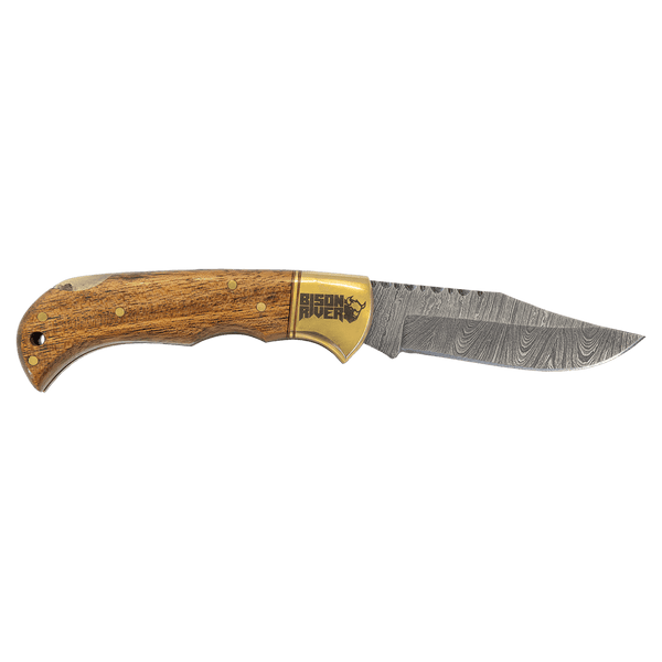 Wood Folding Knife with Damascus Blade and Leather Sheath - Laser Engraved Gift