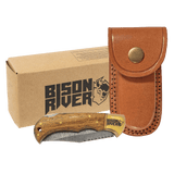 Wood Folding Knife with Damascus Blade and Leather Sheath - Laser Engraved Gift