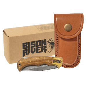 Wood Folding Knife with Damascus Blade and Leather Sheath - Laser Engraved Gift