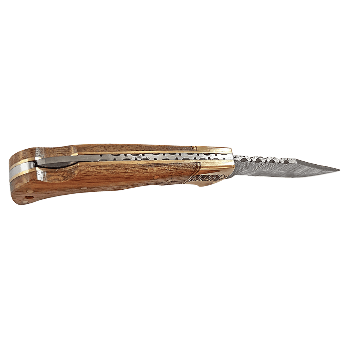 Wood Folding Knife with Damascus Blade and Leather Sheath - Laser Engraved Gift
