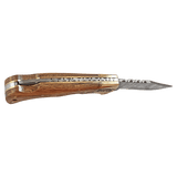 Wood Folding Knife with Damascus Blade and Leather Sheath - Laser Engraved Gift