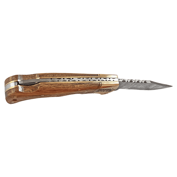 Wood Folding Knife with Damascus Blade and Leather Sheath - Laser Engraved Gift