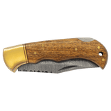 Wood Folding Knife with Damascus Blade and Leather Sheath - Laser Engraved Gift
