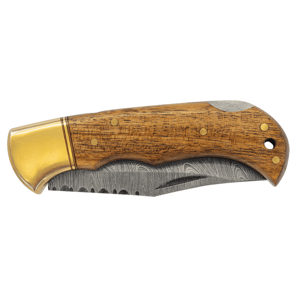 Wood Folding Knife with Damascus Blade and Leather Sheath - Laser Engraved Gift