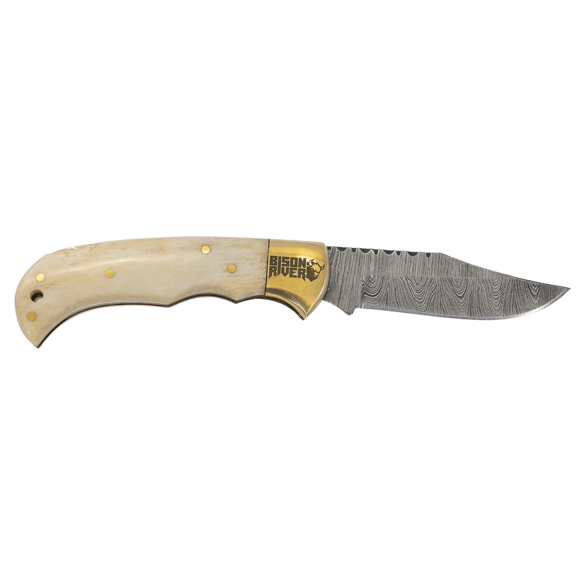 Bone Folding Knife with Damascus Blade and Leather Sheath - Laser Engraved Gift