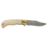 Bone Folding Knife with Damascus Blade and Leather Sheath - Laser Engraved Gift