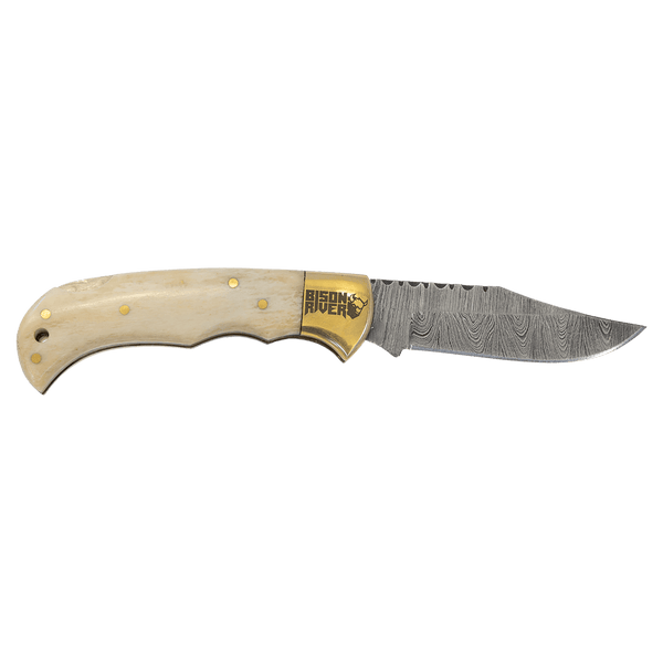 Bone Folding Knife with Damascus Blade and Leather Sheath - Laser Engraved Gift