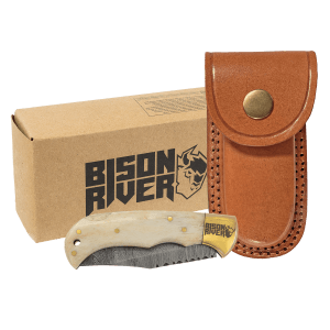 Bone Folding Knife with Damascus Blade and Leather Sheath - Laser Engraved Gift