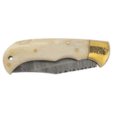 Bone Folding Knife with Damascus Blade and Leather Sheath - Laser Engraved Gift