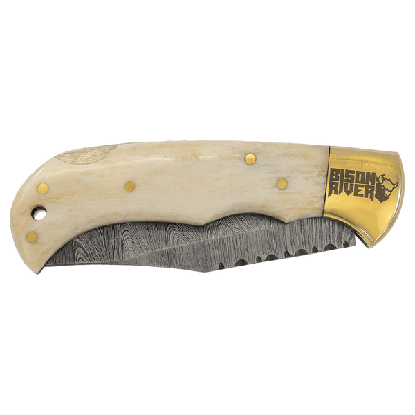Bone Folding Knife with Damascus Blade and Leather Sheath - Laser Engraved Gift