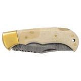 Bone Folding Knife with Damascus Blade and Leather Sheath - Laser Engraved Gift