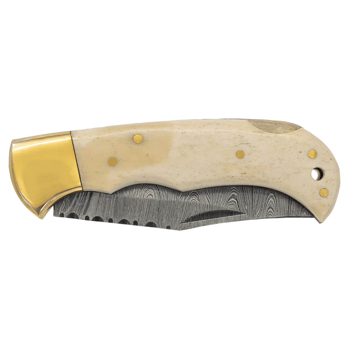 Bone Folding Knife with Damascus Blade and Leather Sheath - Laser Engraved Gift