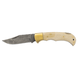 Bone Folding Knife with Damascus Blade and Leather Sheath - Laser Engraved Gift