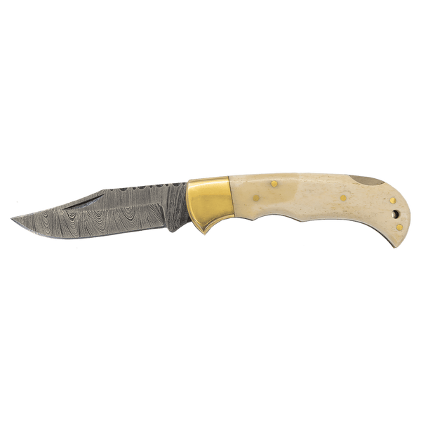 Bone Folding Knife with Damascus Blade and Leather Sheath - Laser Engraved Gift