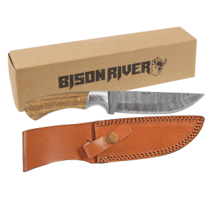 Fixed Blade Wood Knife with Damascus Blade and Leather Sheath - Laser Engraved Gift