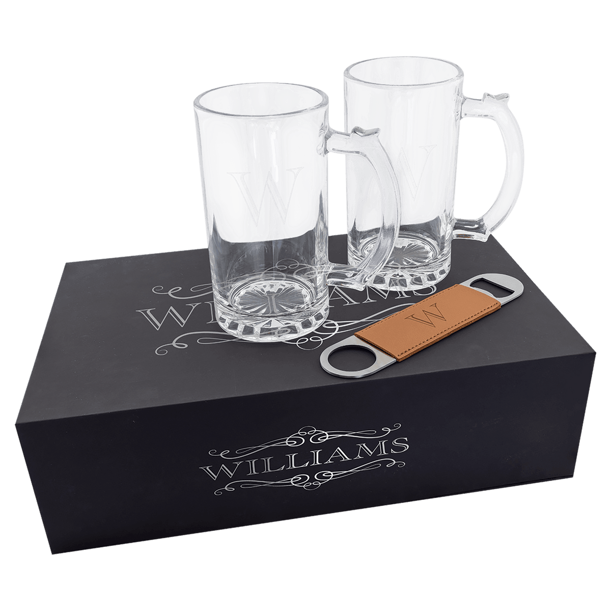 Lazerburst Beer Set with Two 14 oz. Mugs and One Rawhide Leatherette Bottle Opener