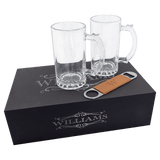 Lazerburst Beer Set with Two 14 oz. Mugs and One Rawhide Leatherette Bottle Opener