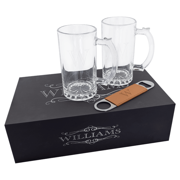 Lazerburst Beer Set with Two 14 oz. Mugs and One Rawhide Leatherette Bottle Opener