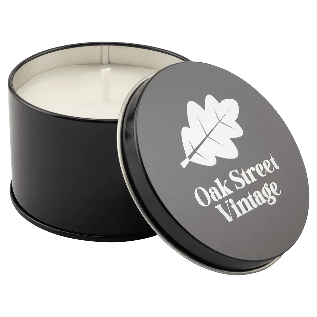 A Weathered Oak 5.3 oz. Candle in a Black Metal Tin