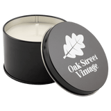 A Weathered Oak 5.3 oz. Candle in a Black Metal Tin