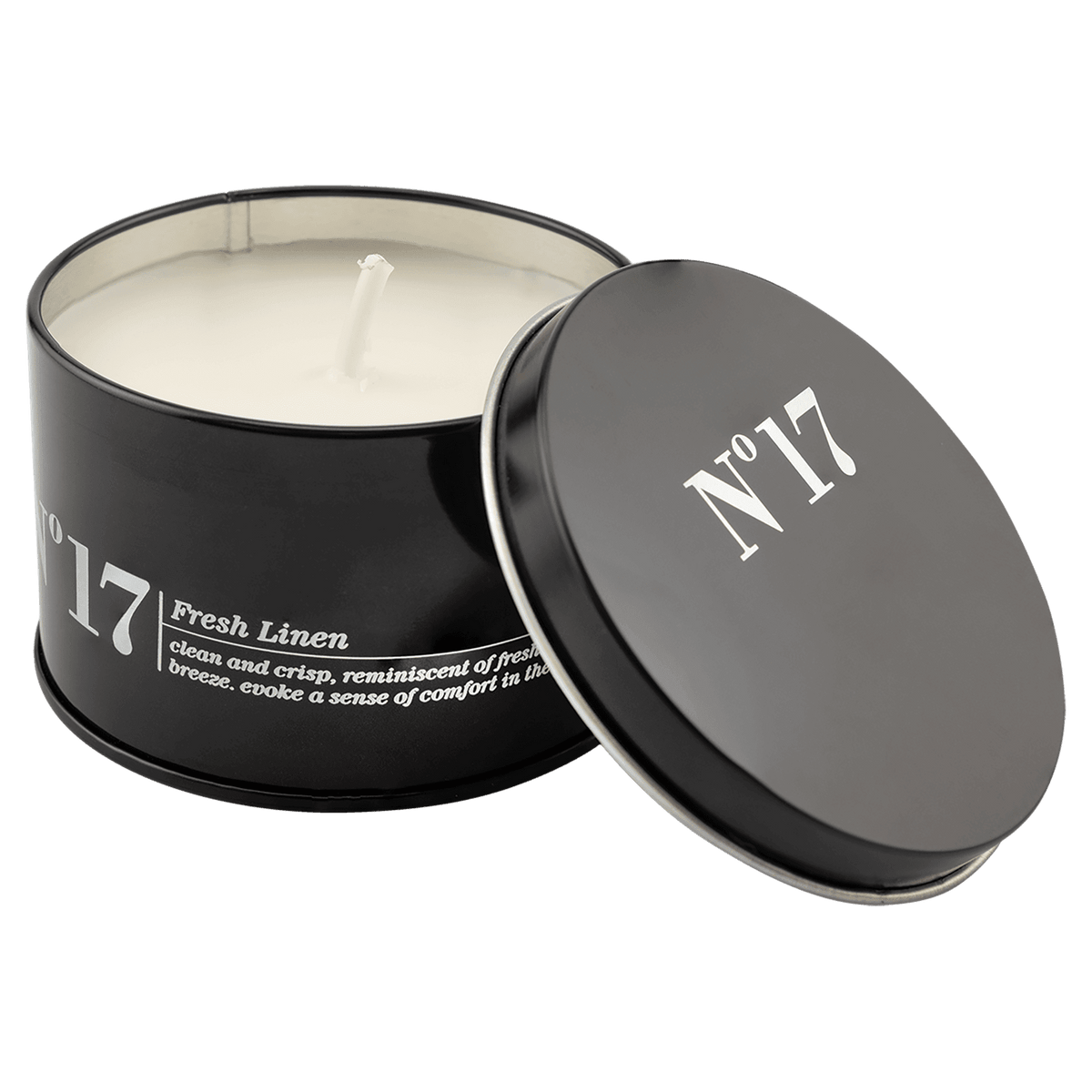 A Crisp Linen 5.3 oz. Candle in a Black Metal Tin