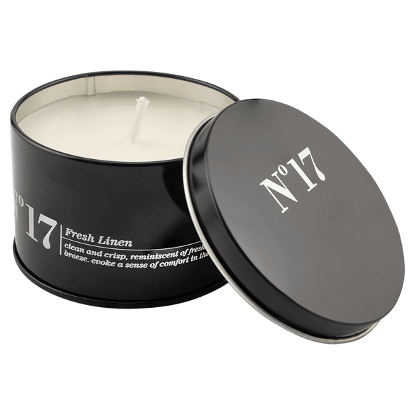 A Crisp Linen 5.3 oz. Candle in a Black Metal Tin