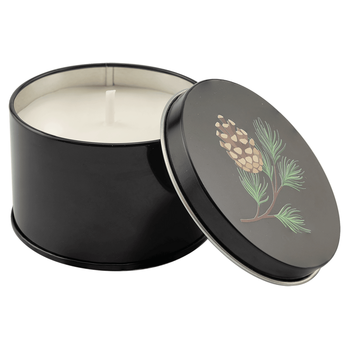 A Trim the Tree 5.3 oz. Candle in a Black Metal Tin