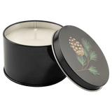 A Trim the Tree 5.3 oz. Candle in a Black Metal Tin