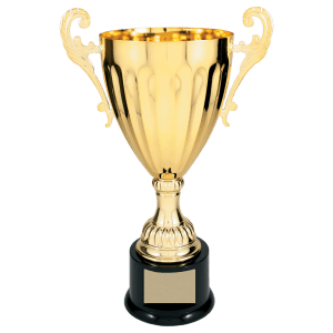 Gold Metal Winged Cup Trophy on Plastic Base - Custom Engraved Trophy