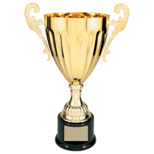Gold Metal Winged Cup Trophy on Plastic Base - Custom Engraved Trophy