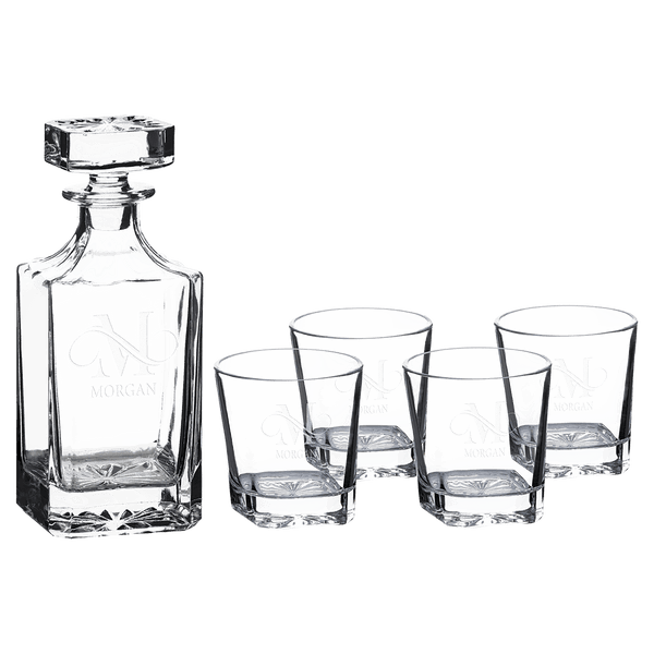 750 ML Square Glass Decanter with 4 Rocks 11 oz. Glasses/ - Laser Engraved Premium Glass Award