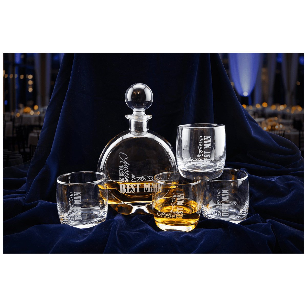 750ml Flat Round Glass Decanter Set with Four 10 oz. Rocks Glasses - Laser Engraved Premium Glass Award