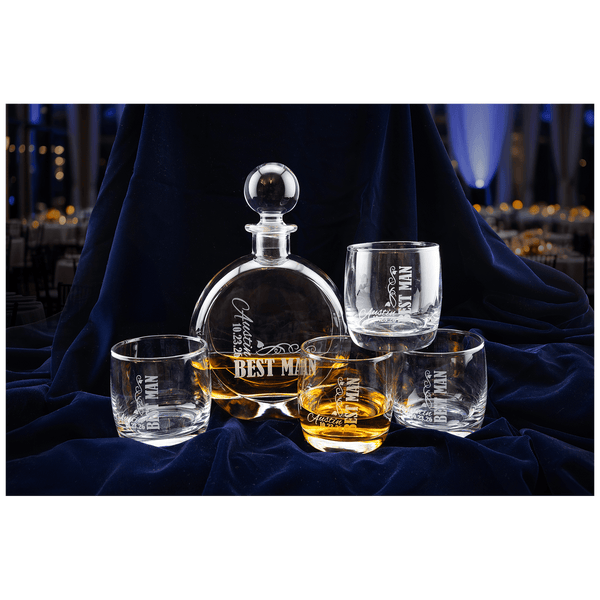 750ml Flat Round Glass Decanter Set with Four 10 oz. Rocks Glasses - Laser Engraved Premium Glass Award