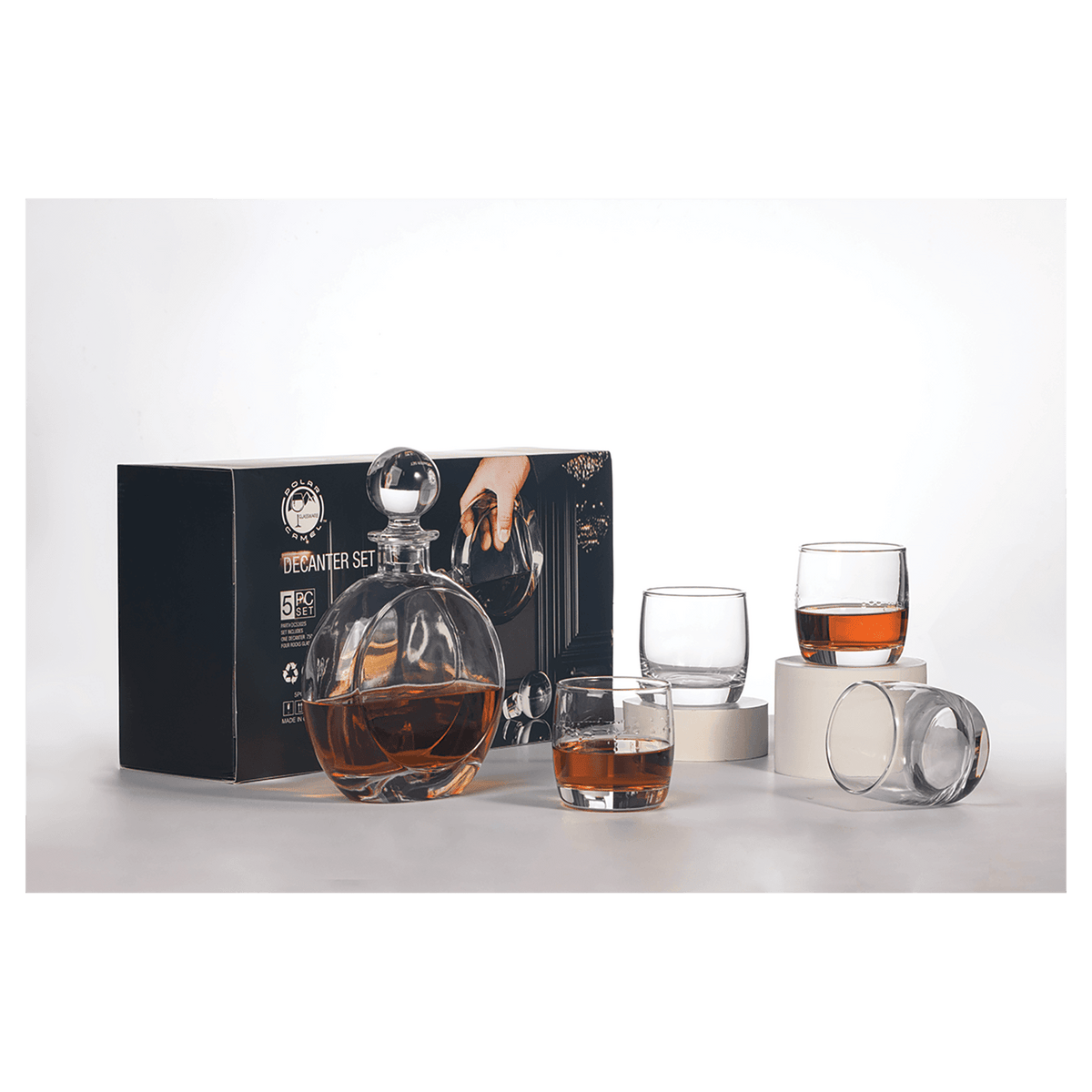 750ml Flat Round Glass Decanter Set with Four 10 oz. Rocks Glasses - Laser Engraved Premium Glass Award