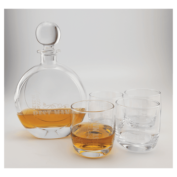 750ml Flat Round Glass Decanter Set with Four 10 oz. Rocks Glasses - Laser Engraved Premium Glass Award