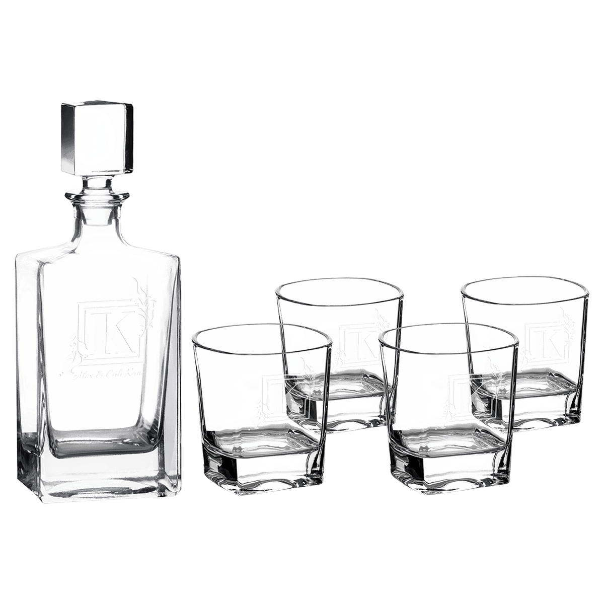 810ML Rectangle Glass Decanter with 4 8oz Rocks Glasses + - Laser Engraved Premium Glass Award