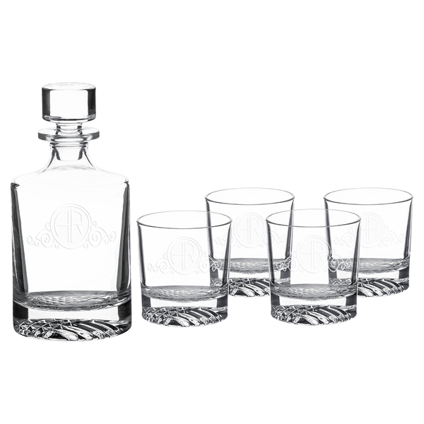 850ML Round Glass Decanter Set with 4 9oz. Rocks Glasses - Laser Engraved Premium Glass Award