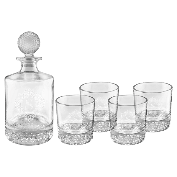 850ML Round Golf Glass Decanter with 4 9oz. Golf Rocks Glasses + - Laser Engraved Premium Glass Award