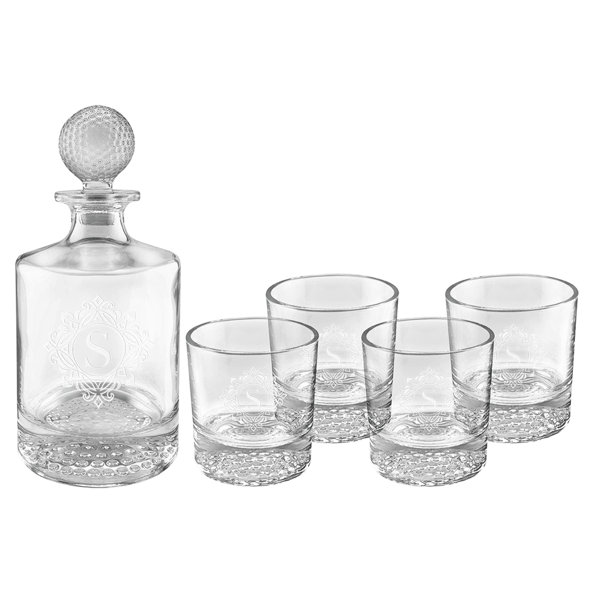 850ML Round Golf Glass Decanter with 4 9oz. Golf Rocks Glasses + - Laser Engraved Premium Glass Award
