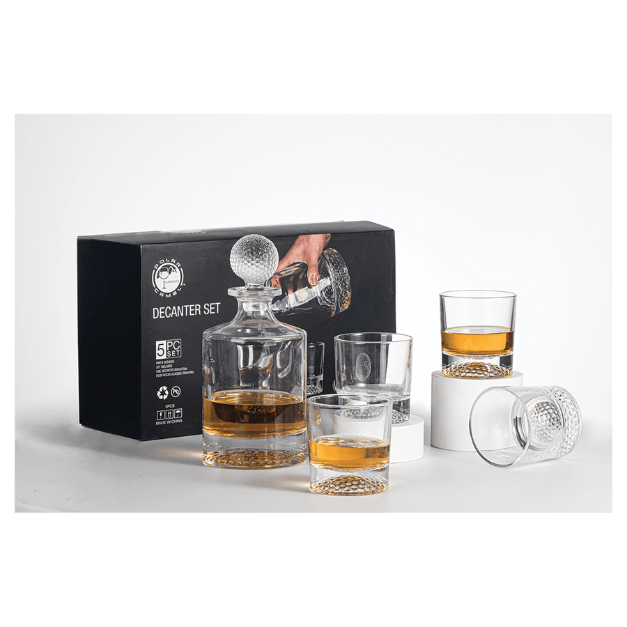 850ML Round Golf Glass Decanter with 4 9oz. Golf Rocks Glasses + - Laser Engraved Premium Glass Award