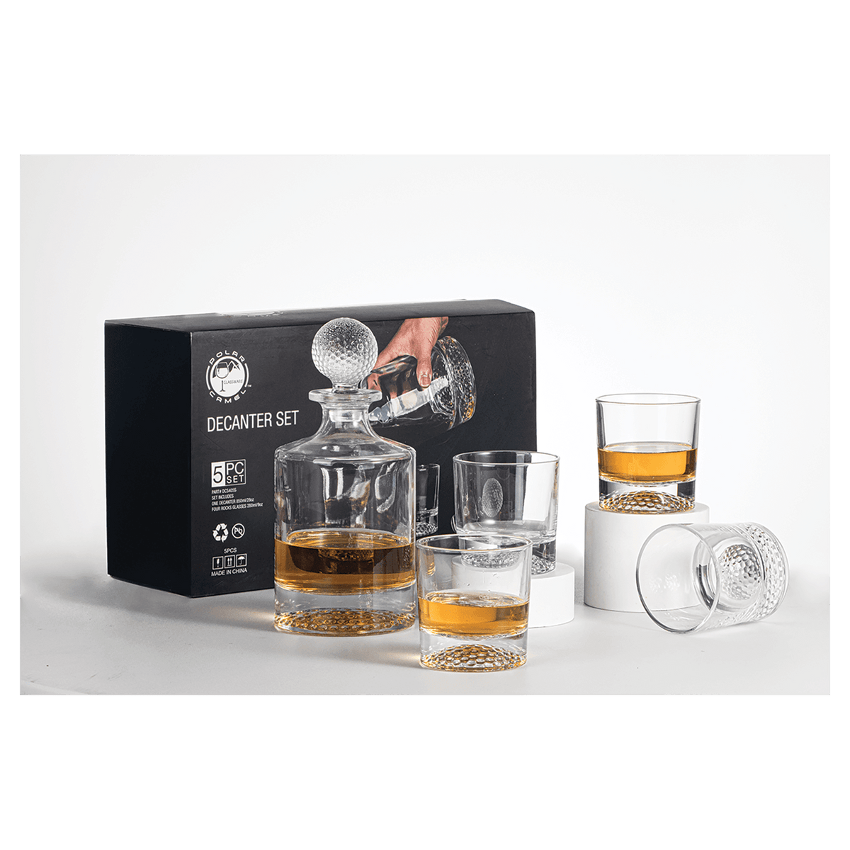 850ML Round Golf Glass Decanter with 4 9oz. Golf Rocks Glasses + - Laser Engraved Premium Glass Award