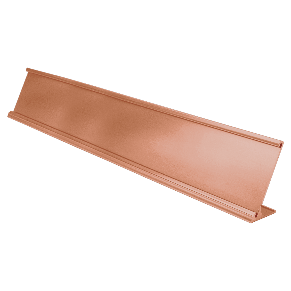 A Polished Rose Gold 2" x 12" Aluminum Desk Holder Fits 1/16" Thick Plastic Insert