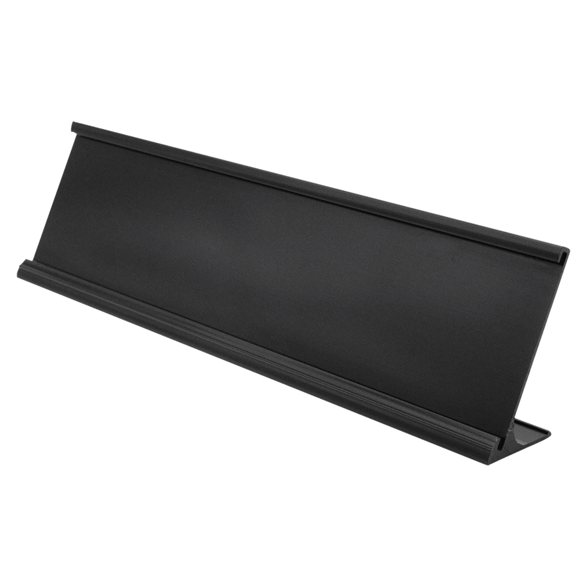 A Black 2" x 8" Aluminum Desk Holder Fits 1/16" Thick Plastic Insert